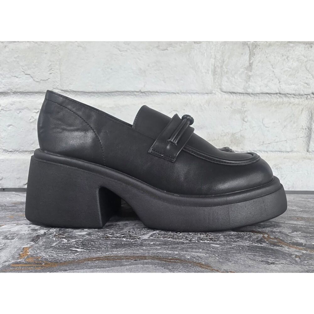 ALGF Black Chunky Platform Loafers Block Heel Penny Slip On Shoes Size 9